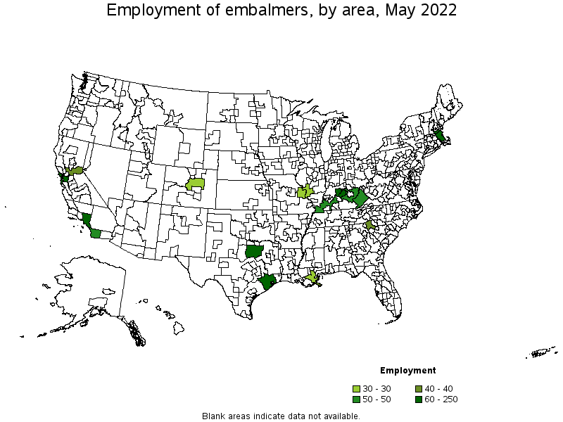 Map of employment of embalmers by area, May 2022