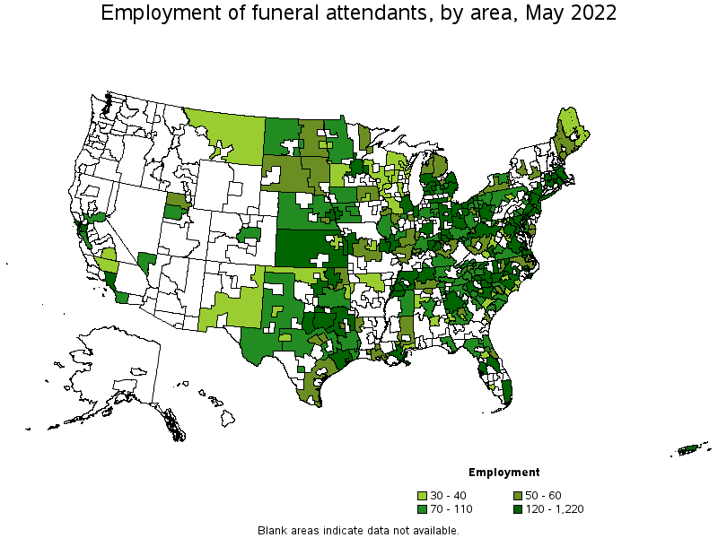 Map of employment of funeral attendants by area, May 2022