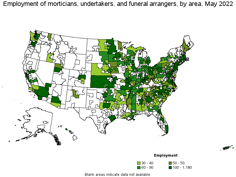Map of employment of morticians, undertakers, and funeral arrangers by area, May 2022