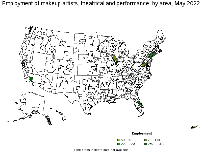 Map of employment of makeup artists, theatrical and performance by area, May 2022