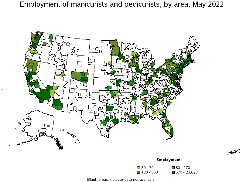 Map of employment of manicurists and pedicurists by area, May 2022