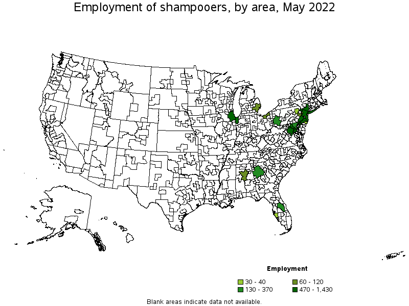 Map of employment of shampooers by area, May 2022