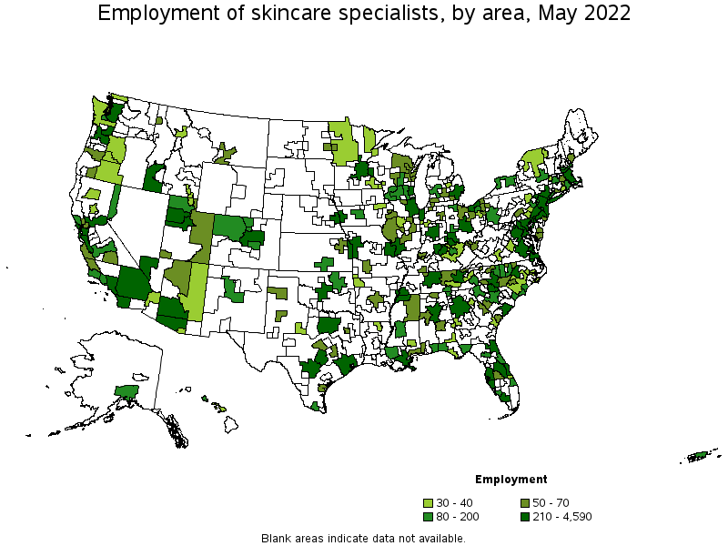 Map of employment of skincare specialists by area, May 2022