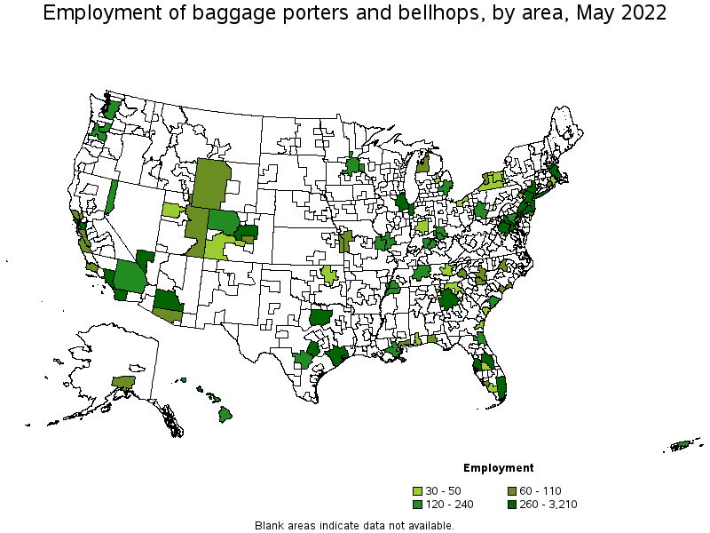 Map of employment of baggage porters and bellhops by area, May 2022