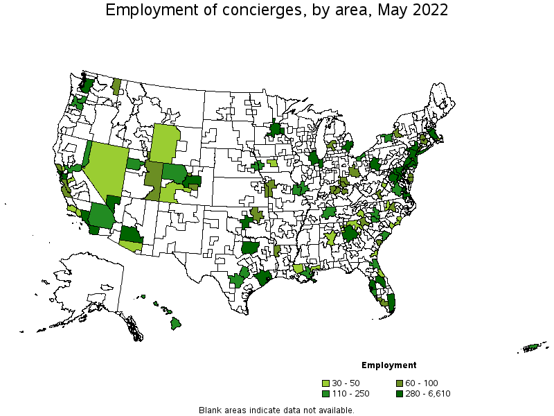 Map of employment of concierges by area, May 2022