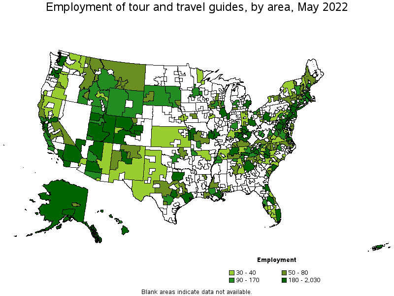 Map of employment of tour and travel guides by area, May 2022