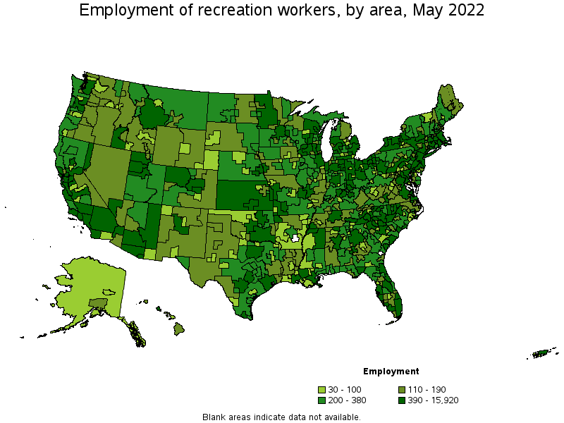 Map of employment of recreation workers by area, May 2022