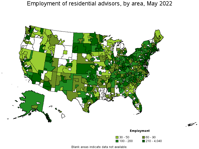 Map of employment of residential advisors by area, May 2022