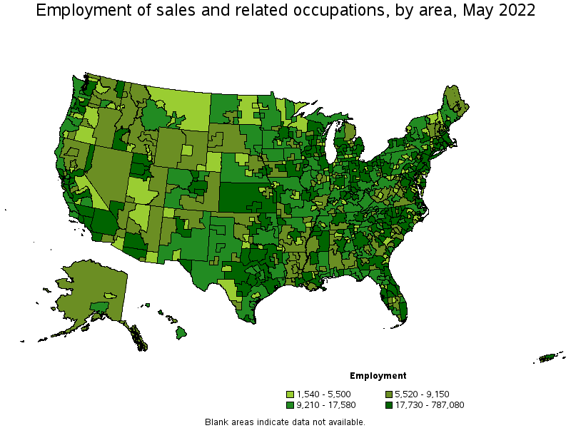 Map of employment of sales and related occupations by area, May 2022