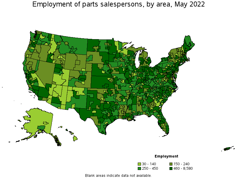 Map of employment of parts salespersons by area, May 2022