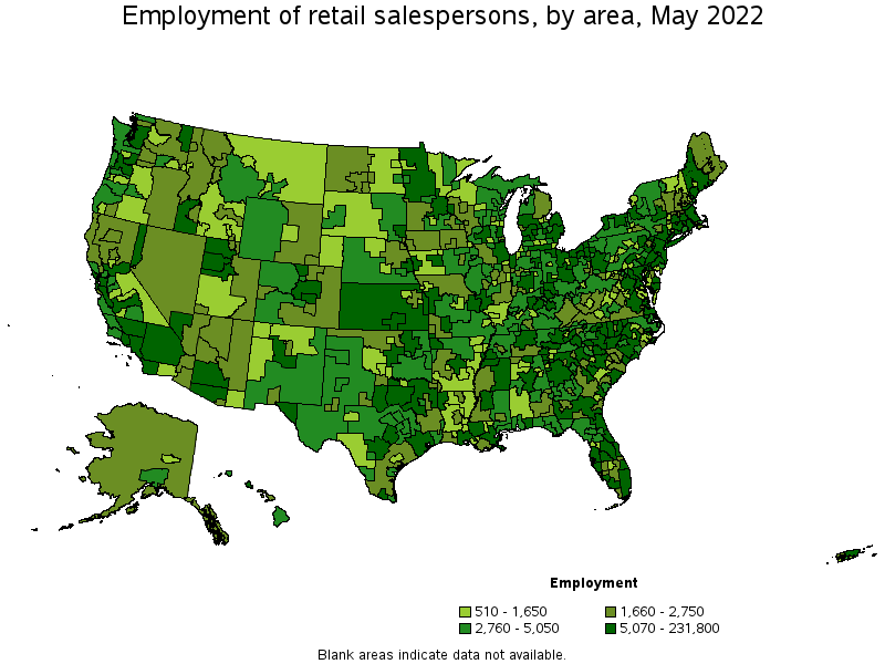 Map of employment of retail salespersons by area, May 2022