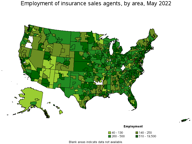 Map of employment of insurance sales agents by area, May 2022