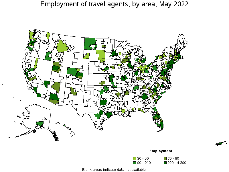 Map of employment of travel agents by area, May 2022