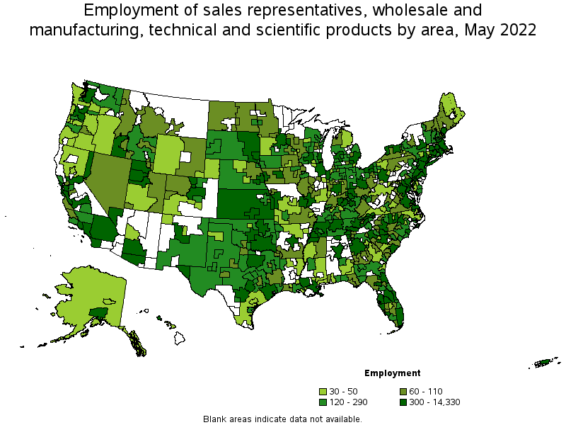 Map of employment of sales representatives, wholesale and manufacturing, technical and scientific products by area, May 2022