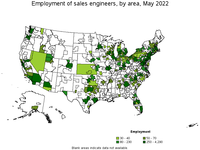 Map of employment of sales engineers by area, May 2022