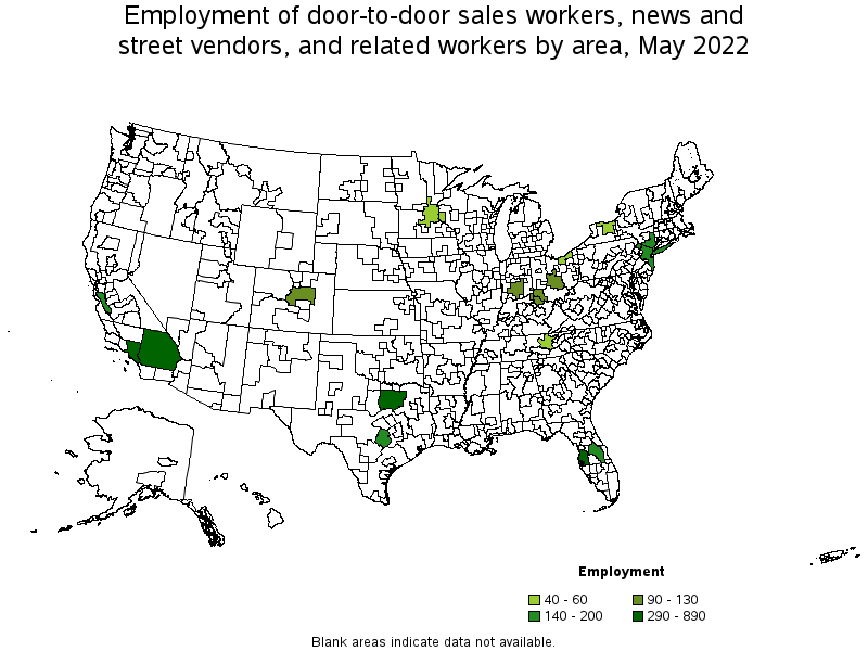Map of employment of door-to-door sales workers, news and street vendors, and related workers by area, May 2022