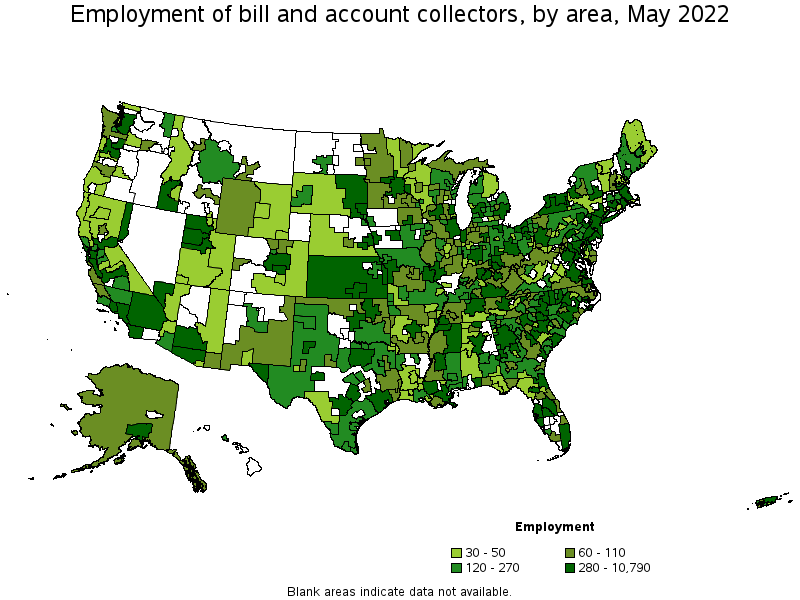 Map of employment of bill and account collectors by area, May 2022