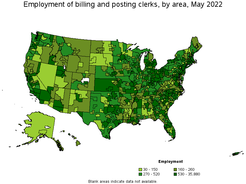 Map of employment of billing and posting clerks by area, May 2022