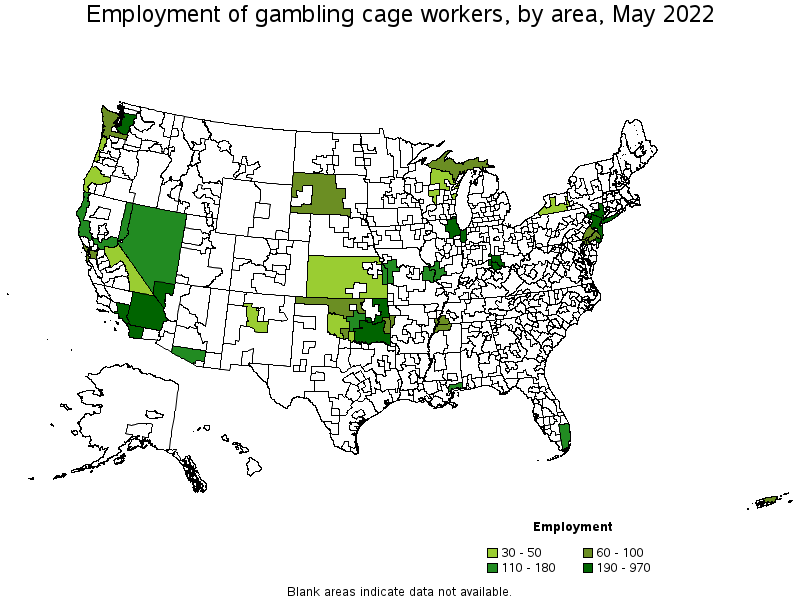 Map of employment of gambling cage workers by area, May 2022