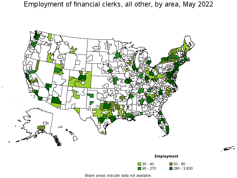 Map of employment of financial clerks, all other by area, May 2022
