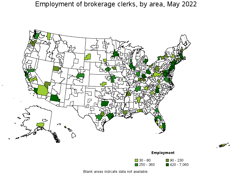 Map of employment of brokerage clerks by area, May 2022
