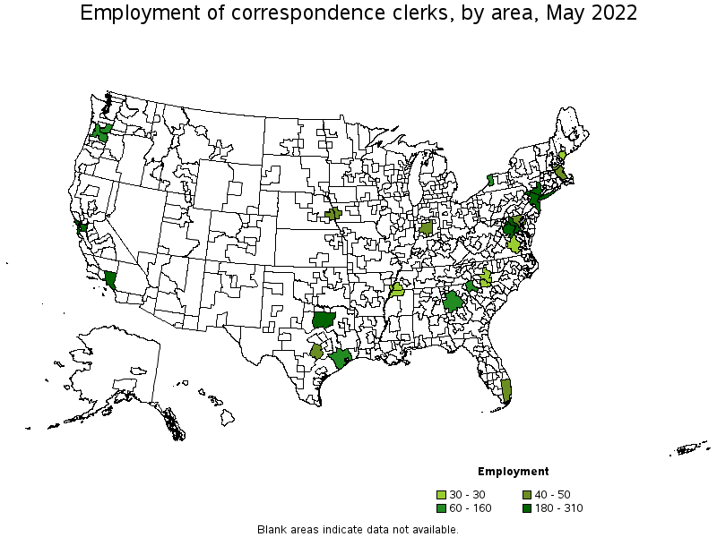 Map of employment of correspondence clerks by area, May 2022
