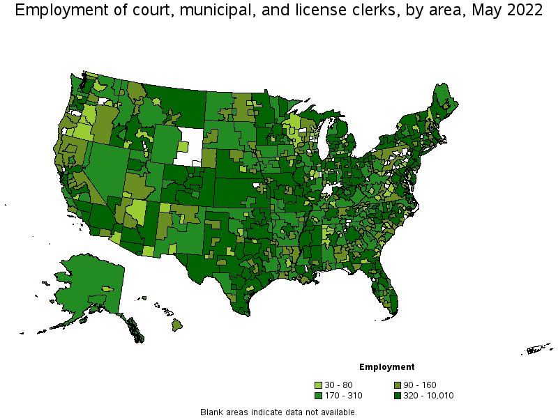 Map of employment of court, municipal, and license clerks by area, May 2022