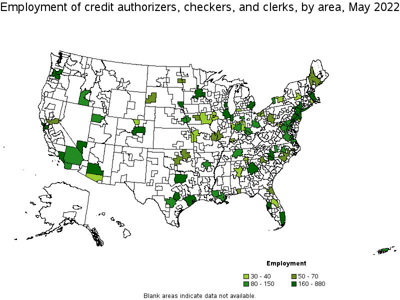 Map of employment of credit authorizers, checkers, and clerks by area, May 2022