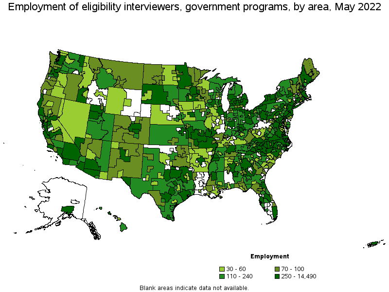 Map of employment of eligibility interviewers, government programs by area, May 2022