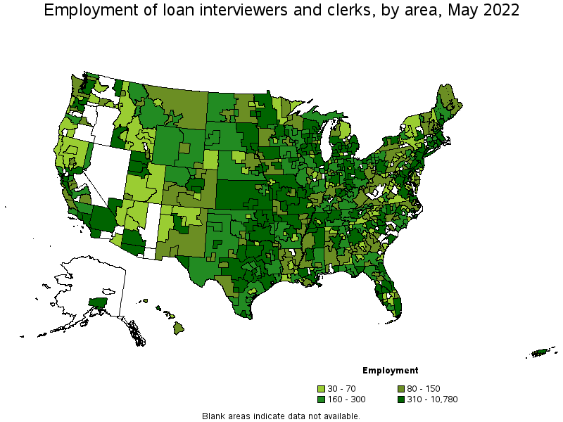 Map of employment of loan interviewers and clerks by area, May 2022