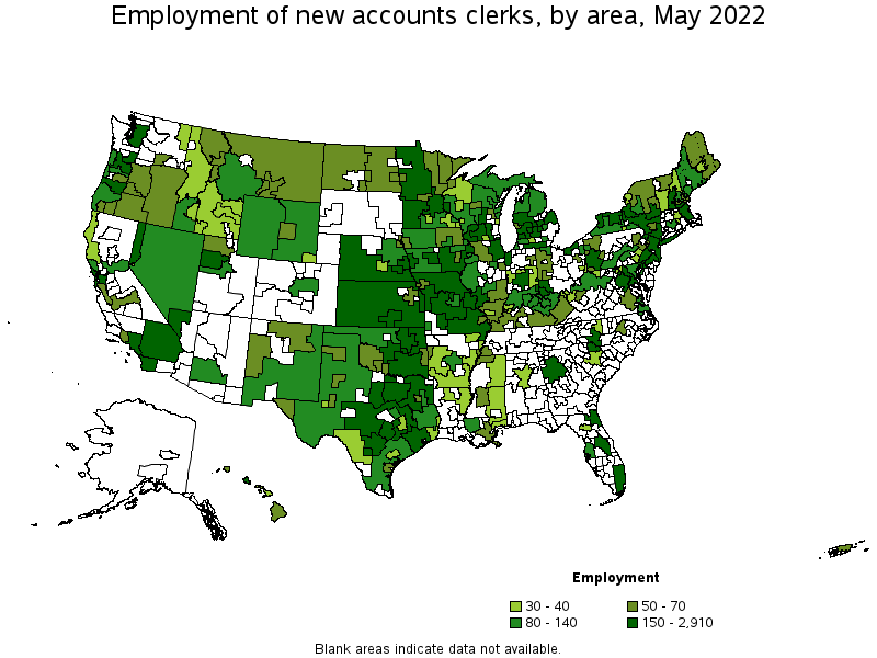 Map of employment of new accounts clerks by area, May 2022
