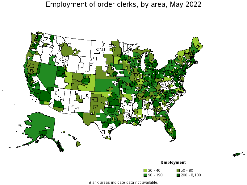 Map of employment of order clerks by area, May 2022