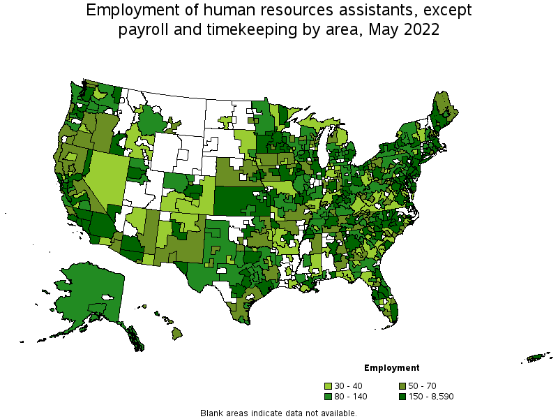 Map of employment of human resources assistants, except payroll and timekeeping by area, May 2022