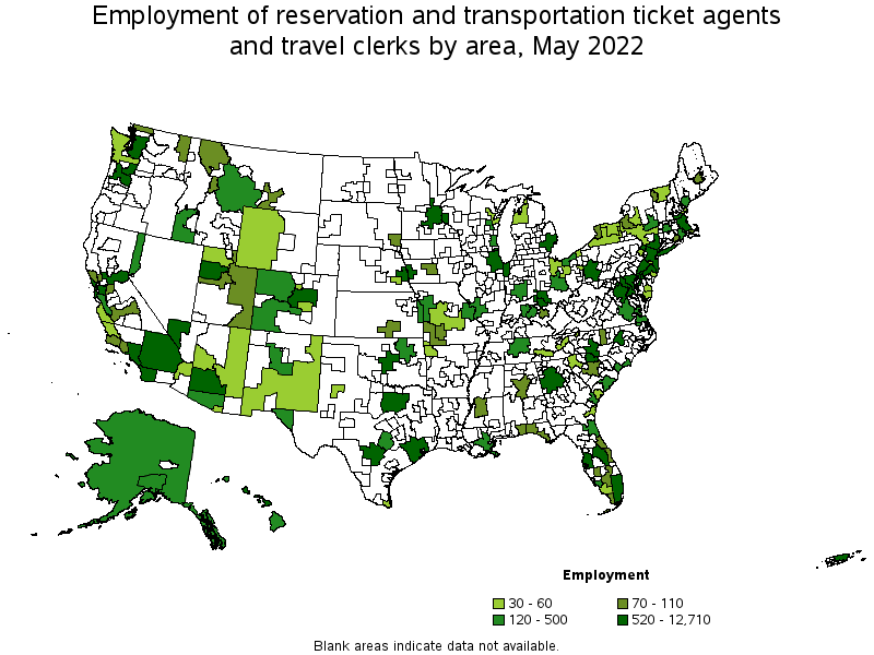 Map of employment of reservation and transportation ticket agents and travel clerks by area, May 2022