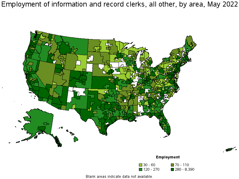 Map of employment of information and record clerks, all other by area, May 2022