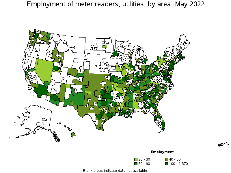 Map of employment of meter readers, utilities by area, May 2022