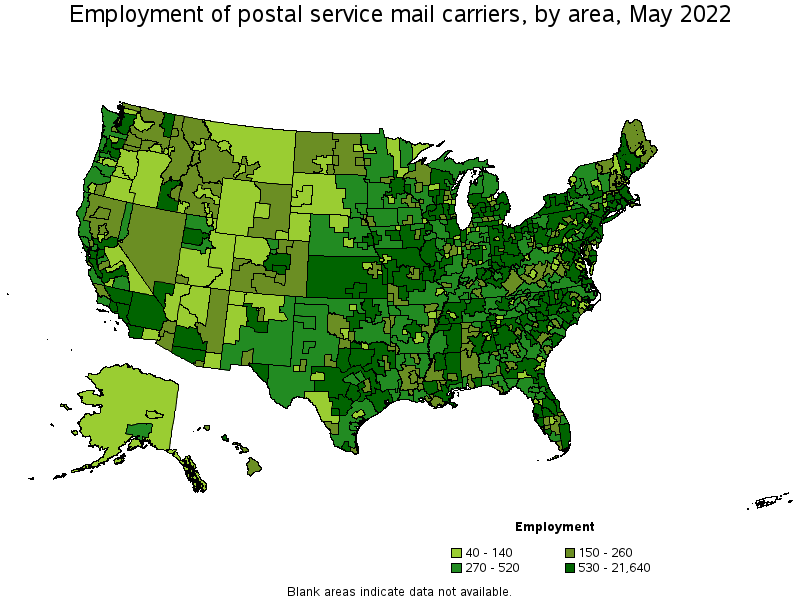 Map of employment of postal service mail carriers by area, May 2022