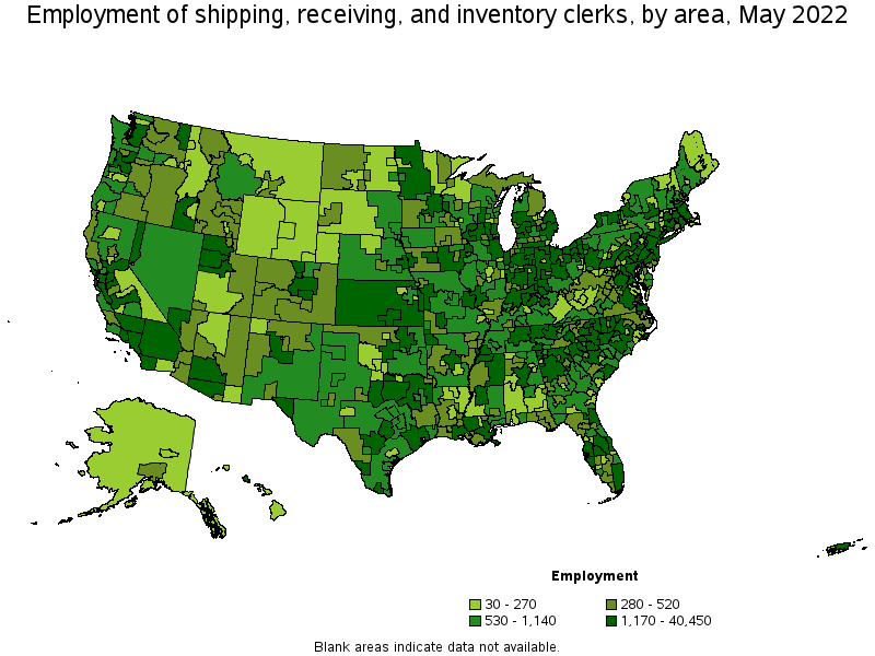 Map of employment of shipping, receiving, and inventory clerks by area, May 2022