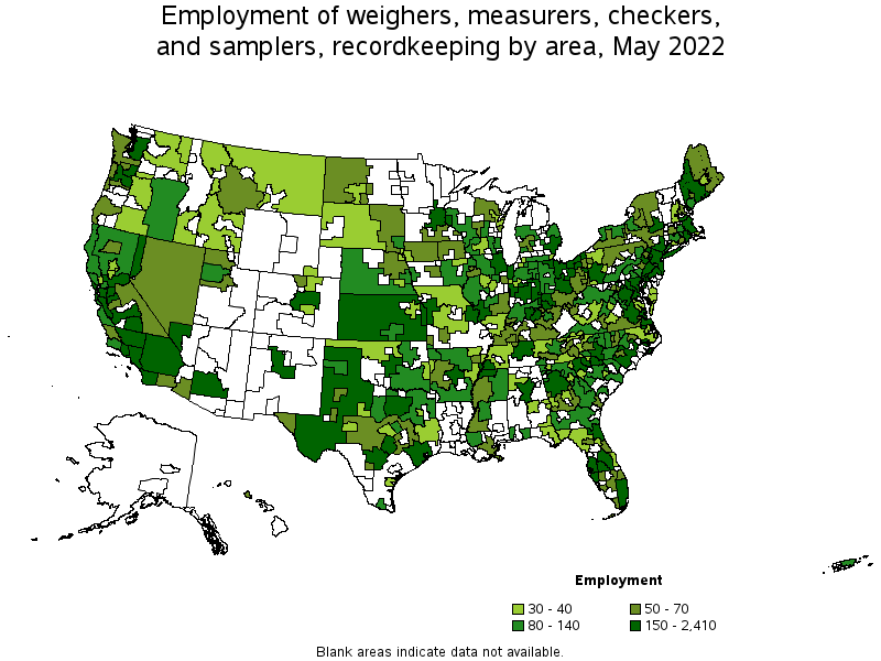 Map of employment of weighers, measurers, checkers, and samplers, recordkeeping by area, May 2022