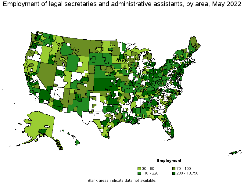 Map of employment of legal secretaries and administrative assistants by area, May 2022