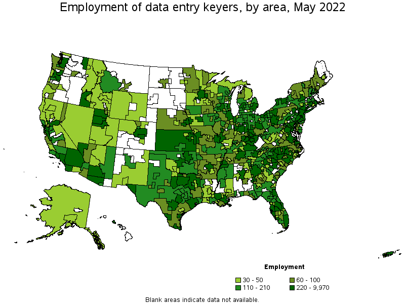 Map of employment of data entry keyers by area, May 2022
