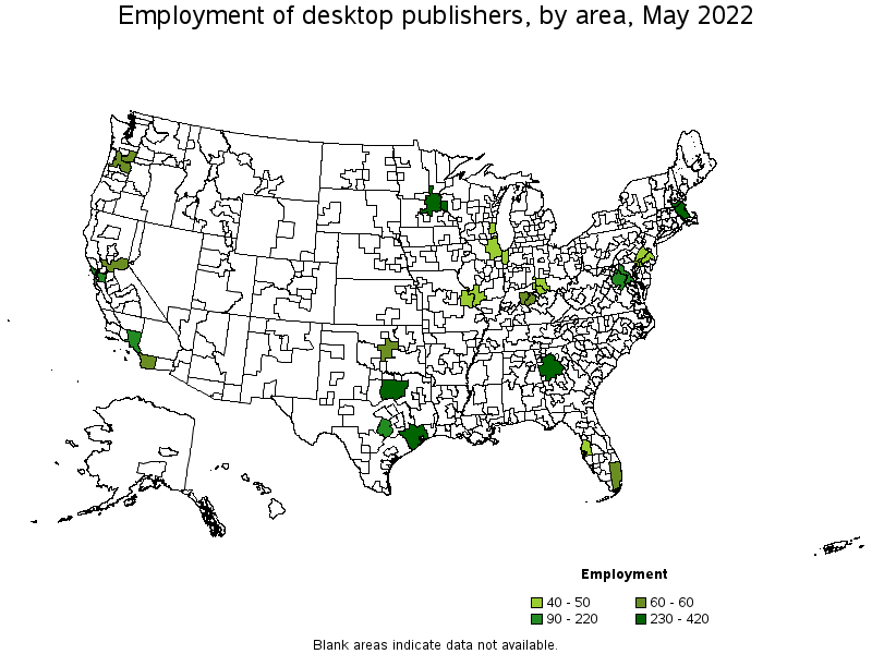 Map of employment of desktop publishers by area, May 2022