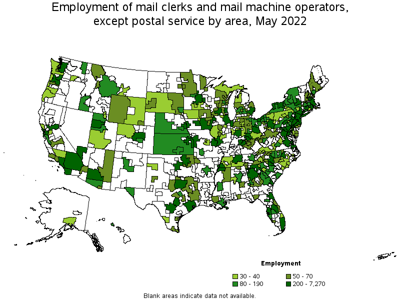 Map of employment of mail clerks and mail machine operators, except postal service by area, May 2022