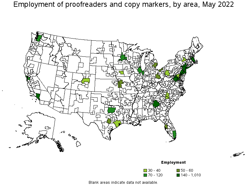 Map of employment of proofreaders and copy markers by area, May 2022