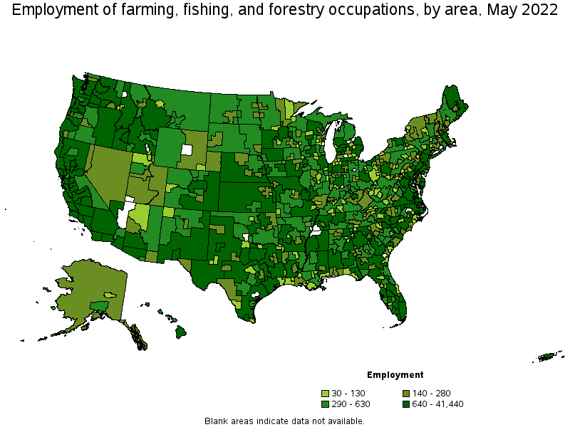 Map of employment of farming, fishing, and forestry occupations by area, May 2022