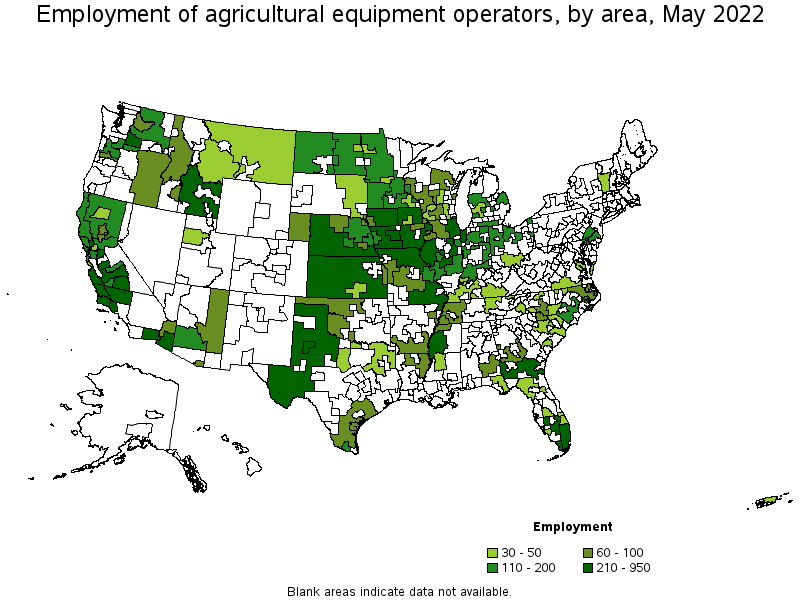 Map of employment of agricultural equipment operators by area, May 2022