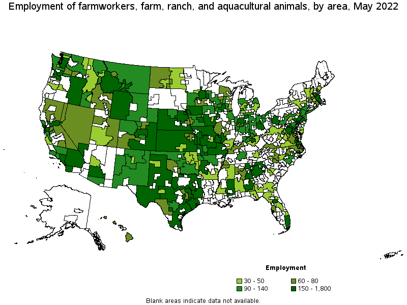 Map of employment of farmworkers, farm, ranch, and aquacultural animals by area, May 2022