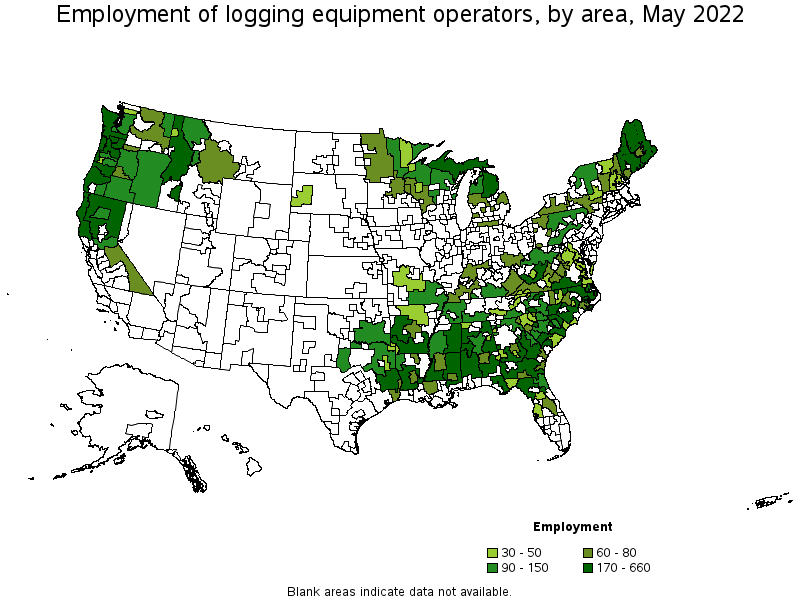 Map of employment of logging equipment operators by area, May 2022
