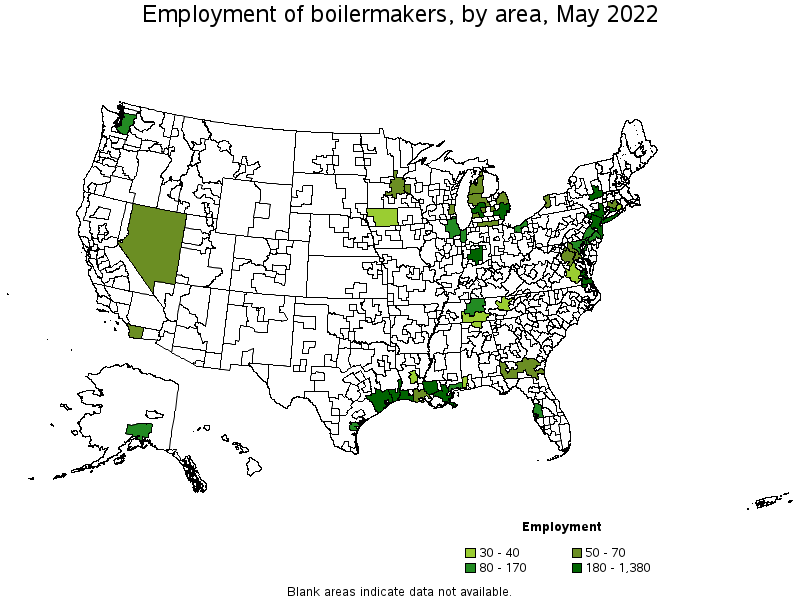Map of employment of boilermakers by area, May 2022