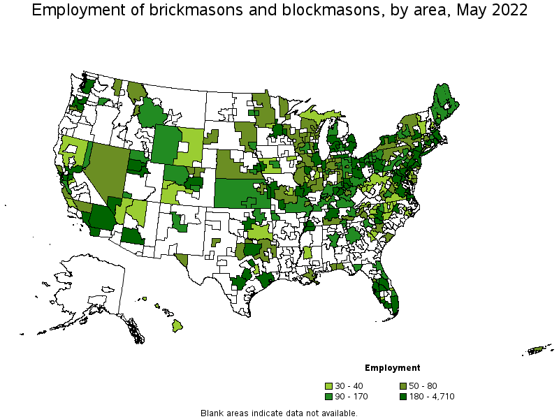 Map of employment of brickmasons and blockmasons by area, May 2022